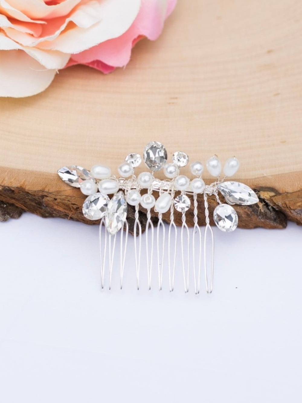 Crystal Pearl Floral Hair Comb - Blonde/Silver Bridal Accessory - Picture 3 of 3